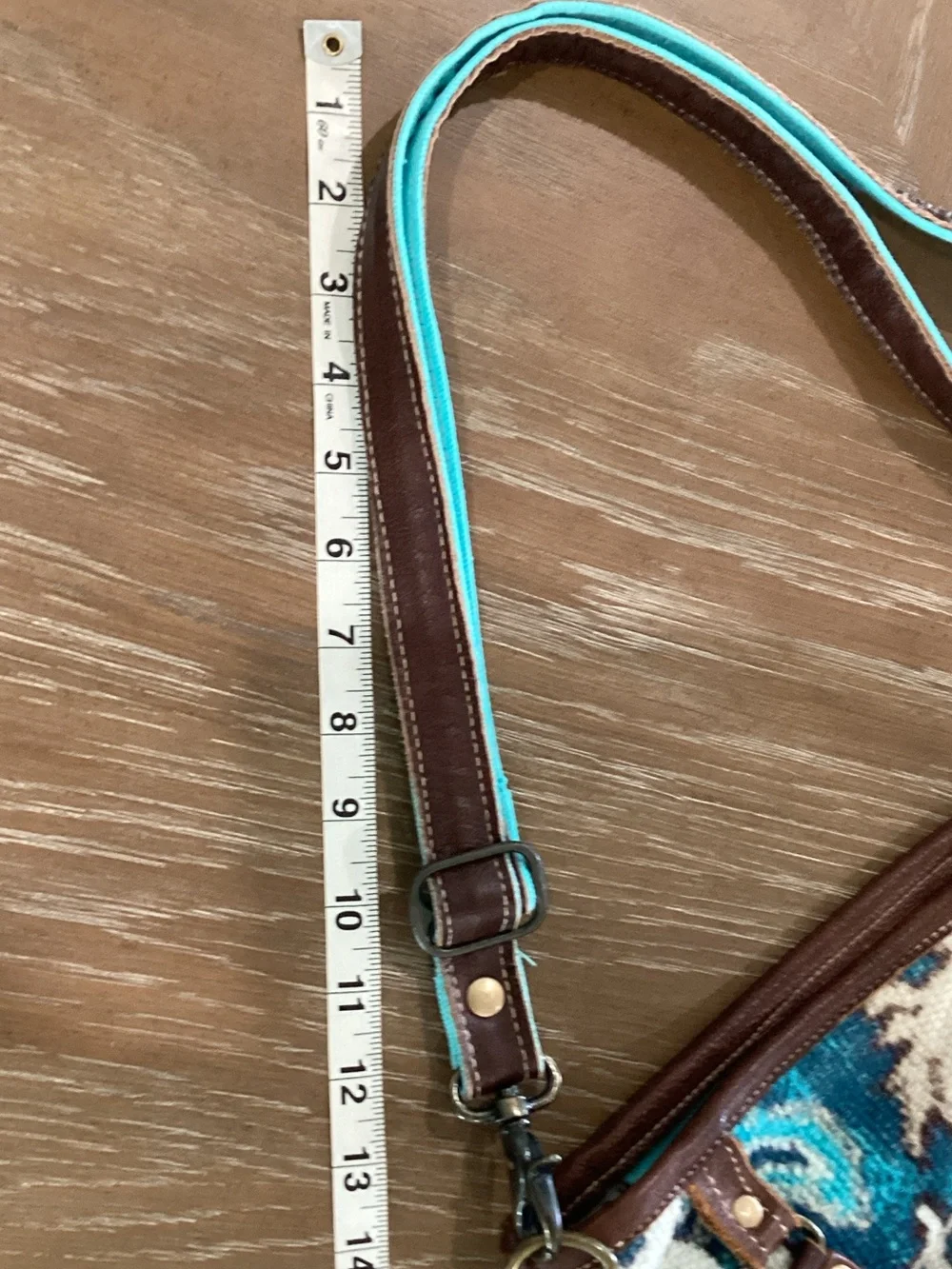 Pre owned Turquoise Patterned Shoulder Bag with Brown Trim